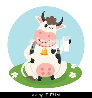 Bauernhof Kuh mit einem Glas Milch Stock Vektor