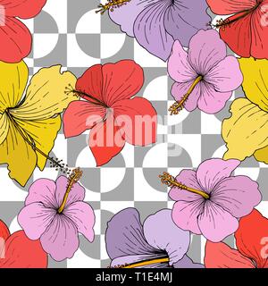 Vektor Hibiskus Blumen tropische Blumen. Graviert Tinte Kunst auf weißem Hintergrund. Nahtlose Muster. Stock Vektor