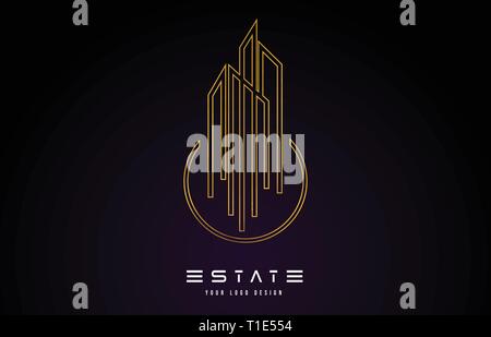 Gold Immobilien moderne Monogramm Logo Design. Immobilien Linien abstrakten Gebäude Symbol Vektor Illustration. Stock Vektor