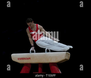 Christian Baumann (Schweiz), die in Aktion während der Gymnastik WM2019 in Genting Arena Birmingham Vereinigtes Königreich am 23. März 2019. GlennSports. Stockfoto