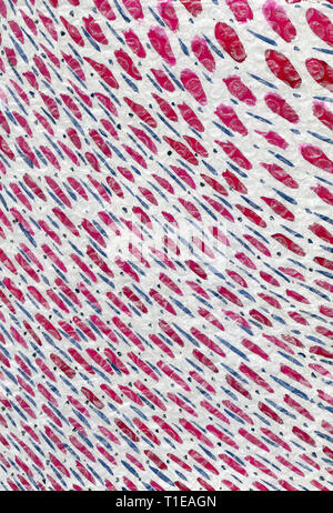 Zusammenfassung Hintergrund mit sich wiederholenden diagonale Streifen und Anschläge von rot, blau und rosa Blüten mit blauen Punkten auf einem weißen Hintergrund. Aquarell backgro Stockfoto