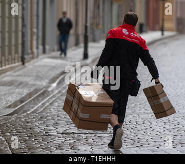 Brandenburg an der Havel, Deutschland. 25 Mär, 2019. Ein Mitarbeiter des DPD Kurierdienst liefert Pakete. Credit: Monika Skolimowska/dpa-Zentralbild/dpa/Alamy leben Nachrichten Stockfoto