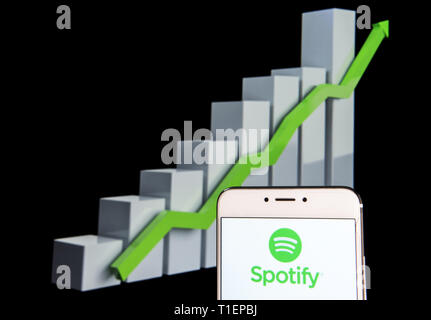 Hong Kong. 11 Feb, 2019. In diesem Foto Illustration eine Schwedische Musik Streaming Plattform Spotify Logo auf einem Android mobile Gerät mit einem Aufstieg Wachstumsdiagramm im Hintergrund zu sehen ist. Credit: Budrul Chukrut/SOPA Images/ZUMA Draht/Alamy leben Nachrichten Stockfoto