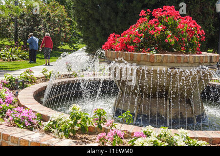 Miami Beach Florida, Botanischer Garten, Gartenarbeit, Pflanzen, Bäume, Laub, Blume, Blume, Pflanzer, Gartenbau, Brunnen, Frau weibliche Frauen, Wandern, FL090308020 Stockfoto