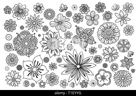 Hand Blumen Sammlung erstellt. Floral Design Elemente einstellen. Schwarz-weiß illustration in doodles Stil. Auf weissem Hintergrund. Stockfoto