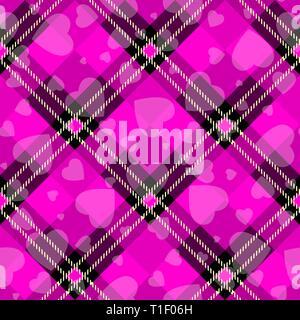 Schwarz Lila diagonal tartan plaid mit Herz prüfen Textur nahtlose Muster. Vector Illustration.eps 10. Stock Vektor
