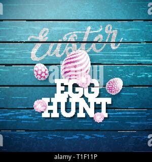 Ostereiersuche Abbildung mit Blume und bemalte Ei auf Vintage Holz Hintergrund. Vektor Internationale Urlaub Feier Gestaltung mit Typografie Stock Vektor