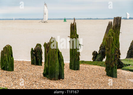 Stützstange auf einem Kieselstrand mit Booten in den unscharfen Hintergrund, am Hafen von Felixstowe, Suffolk, England, UK gesehen Stockfoto