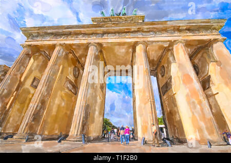 Aquarell Abbildung: Brandenburger Tor in Berlin. Menschen zu Fuß durch das Tor. Stockfoto
