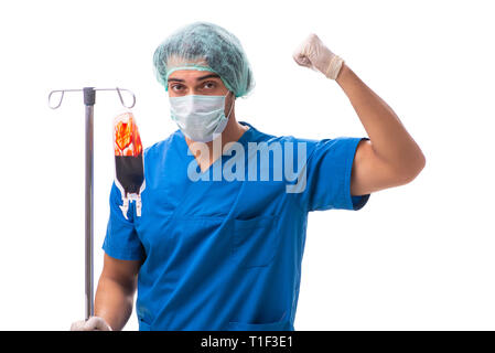 Junger Arzt im Infusion Konzept auf Weiß isoliert Stockfoto