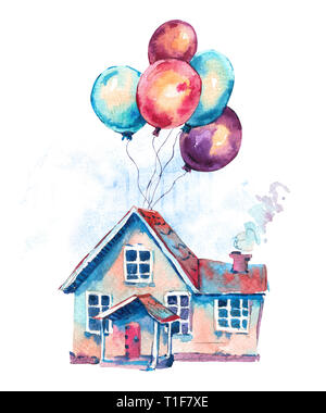 Aquarell fantasy Haus und bunten Luftballons. Hand sweet home Grußkarte gezeichnet, Luftballons auf weißem Hintergrund. Party design Colle Stockfoto