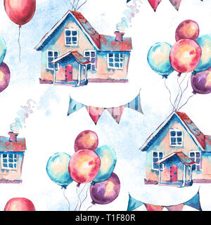 Aquarell Fantasy Haus und bunte Luftballons nahtlose Muster. Hand gezeichnet Sweet Home Illustration, Luftballons auf weißem Hintergrund. Partei Desig Stockfoto