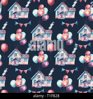 Aquarell Fantasy Haus und bunte Luftballons nahtlose Muster. Hand gezeichnet Sweet Home Illustration, Luftballons auf schwarzem Hintergrund. Partei Desig Stockfoto