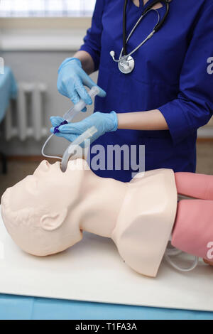 Intubation der Luftröhre dummy. Konzept der lebensrettenden Coaching durch künstliche Belüftung. durch Einfügen eines Endotrachealtubus Stockfoto