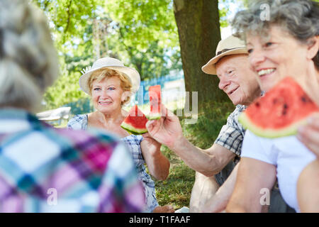 Gruppe von Senioren auf einer Tour im Sommer im Park, beim Essen Melone Stockfoto