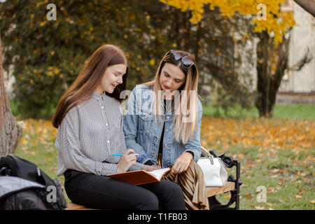 Zwei Freundinnen machen Sie sich Notizen während sitzen auf einer Bank im Herbst Park Stockfoto