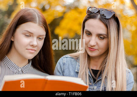 Zwei Mädchen, mit Vergnügen, ein Buch lesen im Herbst Park Stockfoto