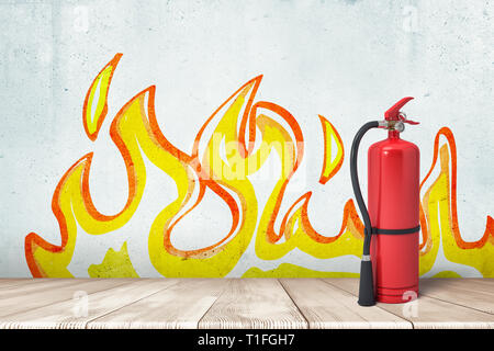 3D-Rendering von einem Feuerlöscher an der Wand mit der Zeichnung von Flammen auf. Stockfoto