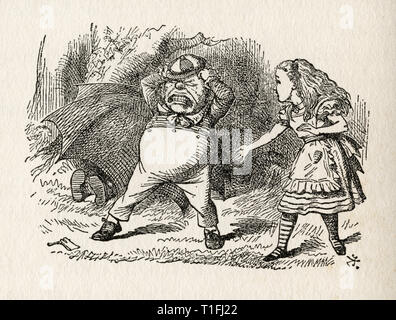 Alice und Tweedledum. Abbildung von Sir John Tenniel, (1820 - 1914). Aus dem Buch Durch den Spiegel und was Alice dort fand, Lewis Carroll, veröffentlicht London, 1912. Stockfoto