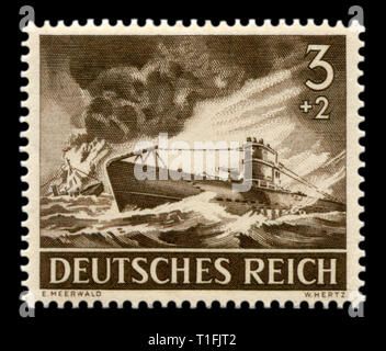 Deutsche historische Stempel: u-Boot Typ VII A, die häufigsten u-boot Kriegsmarine, das feindliche Schiff brennt und sinkende, Wehrmacht, Memorial Day 43 Stockfoto