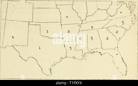 Krankheiten aus Baumwolle, Zuckerrohr, Baumwolle, Zuckerrohr, Wald, Bäume, Zierpflanzen und verschiedene Pflanzen in den Vereinigten Staaten 1919 diseasesofcotton 11 mart Jahr: 1920 278 Die beigefügte Karte zeigt den geschätzten Prozentsatz der Verringerung der Ertrag in den verschiedenen Mitgliedstaaten durch willst 1919 • Diese Daten verursacht wurden, zusammen mit entsprechenden Verlusten in Ballen von der geschätzten Erzeugung berechnet werden in Tabellenform in Pflanzenkrankheiten Bulletin Supplement 12, ich 92 O. Abb. 44. Geschätzte prozentuale Verringerung der Ausbeute aus willst aus Baumwolle, 1919 * Sehr wenig willst in Nord-carolina w erlebt wurde Stockfoto