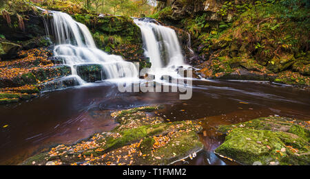 Eine herbstliche lange Belichtung stehen am Ufer des Flusses von Eller Beck mit Blick auf die Wasserfälle in Goathland Yorkshire Stockfoto