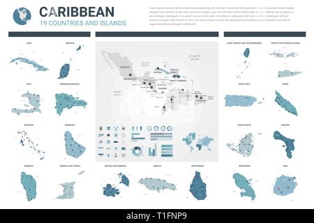 Vektor Karten festlegen. High Ausführliche 19 Karten der karibischen Länder und Verwaltungseinheit und Städte. Politische Karte, Karte von Karibik, Welt Stock Vektor
