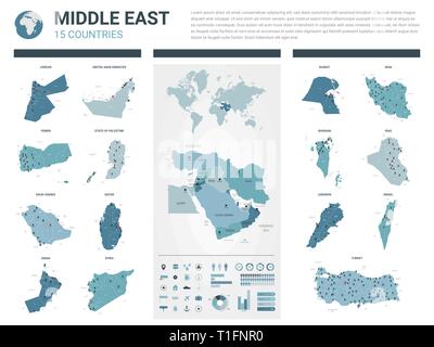 Vektor Karten festlegen. High Ausführliche 15 Karten von Ländern des Nahen Ostens mit administrativen Teilung und Städte. Politische Karte, Karte der Region des Nahen und Mittleren Ostens, Stock Vektor
