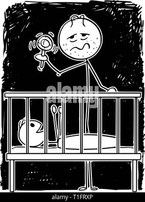 Cartoon Strichmännchen Zeichnung konzeptuelle Abbildung: müde Eltern oder Vater unterhaltsam Baby im Kinderbett in der Nacht mit Rassel. Stock Vektor