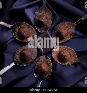 Schokolade Trüffel mit Kakaopulver auf dunklen satin Tuch. Einige Stücke von Luxus Süßigkeit auf dem Löffel. Konzept der Qualität süßes Essen, Luxus, Cho Stockfoto