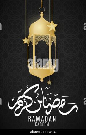 Gruß Ramadan Kareem Karte. Goldene Laternen und hängenden Sterne auf einem dunklen Hintergrund mit islamischen Ornament. Hand arabische Kalligraphie gezeichnet. Vektor illu Stock Vektor