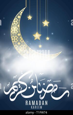 Ramadan Kareem Flyer. Religion heiligen Monat. Hand arabische Kalligraphie gezeichnet. Golden Moon mit hängenden Sterne im Nebel. Sternenhimmel. Tempel mit Kuppeln. Vektor Stock Vektor