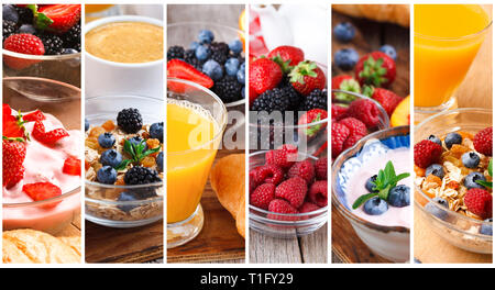 Collage von leckeren Haferbrei mit Früchten und Beeren Stockfoto