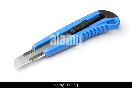 Blue box Cutter isoliert auf weißem Stockfoto