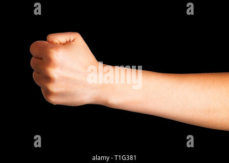 Frau geballte Faust. Konzept der Einheit, Kampf oder Zusammenarbeit Stockfoto