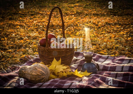 Herbst noch leben mit roten Äpfel in einem Korb, Kürbisse, Blätter und öl Lampe. Stockfoto