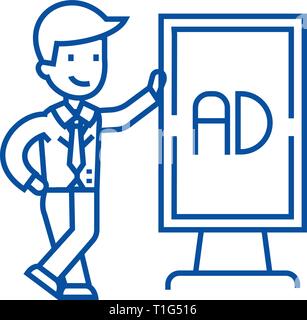 Geschäftsmann mit Promo stand Symbol Leitung Konzept. Geschäftsmann mit Promo stand Flachbild vektor Symbol, Zeichen, umriss Abbildung. Stock Vektor