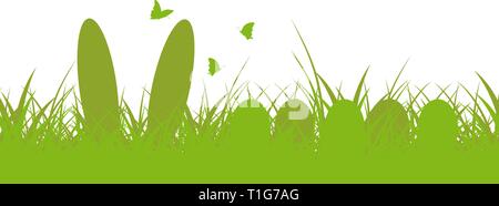 Ostern Hintergrund. Grünes Gras und Ostern, Ei und Hase, Schmetterling. Osterhasen Ohren im Gras. Vector Illustration Stock Vektor