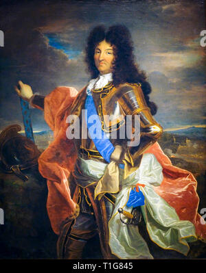 König Ludwig XIV. von Frankreich (1638-1715), Porträt Malerei in der Rüstung zu Pferd, Hyacinthe Rigaud, C. 1701 Stockfoto