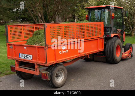 Orangefarbener Minitraktor und Anhänger voller frisch geschnittenem Gras im Muckross House Estate and Gardens, Killarney National Park, County Kerry, Irland Stockfoto