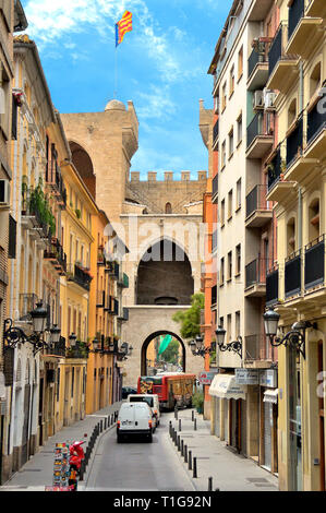 Valencia, Spanien - Juni 8, 2018: die Türme von Quart (Torres de Quart) Teil der alten Stadtmauer von Valencia. Stockfoto