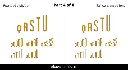 Condensed Bold sans serif Font, abgerundet. Vektor golden Schriftbilder, Teil 4 von 8. Einstellen der hohen Großbuchstaben mit schmalen Buchstaben, Zahlen und Symbole Stock Vektor