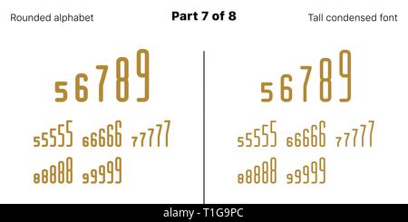 Condensed Bold sans serif Font, abgerundet. Vektor golden Schriftbilder, Teil 7 8. Einstellen der hohen Großbuchstaben mit schmalen Buchstaben, Zahlen und Symbole Stock Vektor