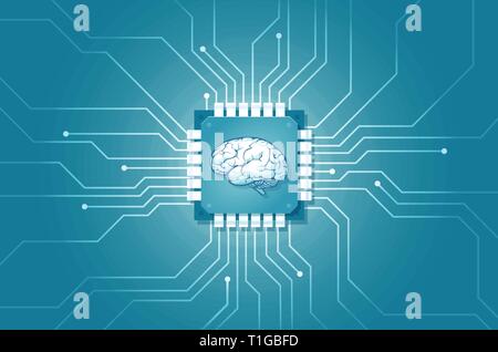 Künstliche Intelligenz Machine Learning Technology Integration im menschlichen Leben. Vektor eines Computers im menschlichen Gehirn implantiert. Stock Vektor