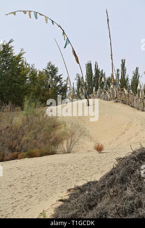 Votivflaggen - Grabbeigabe - Imam Asim mazar oder Mausoleum Area - Taklamakan Desert. Hotan-Xingjiang-China-0064 Stockfoto