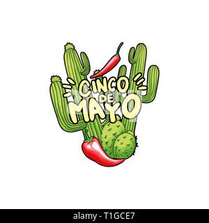 Cinco de Mayo Hand gezeichnet stilisierten Schriftzug. Grüne Saguaro Kaktus und Red Hot Chili Pepper cartoon isoliert Clipart. Kakteen und Chili Zeichnung. Mexikanische festliche Grußkarte, Poster flache Design Element Stock Vektor