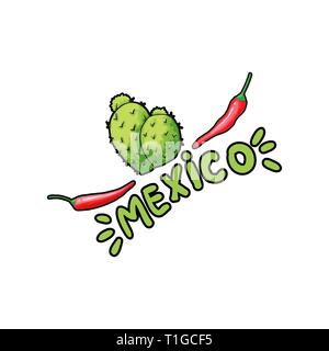 Mexiko Schriftzug mit grünen Buchstaben, Kakteen Saguaro und rotem Pfeffer. Isolierte Logo Vektor Design Element für das Branding Stock Vektor