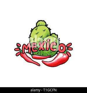 Mexiko Schriftzug mit grünen Buchstaben und rotem Pfeffer. Isolierte Logo Vektor Design Element für das Branding Stock Vektor