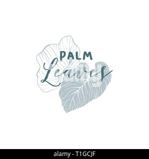 Tropischen Pflanzen Hand gezeichnet Logo Vorlage.. Silhouette und Umrisse Palmblättern Zeichnung. Regenwald leafage und handschriftliche Schriftzug. Kalligraphischer Schriftzug. Botanische poster Design Element Stock Vektor