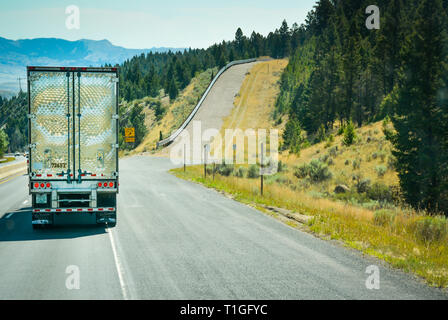 Ein Big Rig Truck bergab neben einem leeren runaway Lkw-Rampe auf einen steilen Hang von der Interstate I-90 Highway in Montana, USA Stockfoto